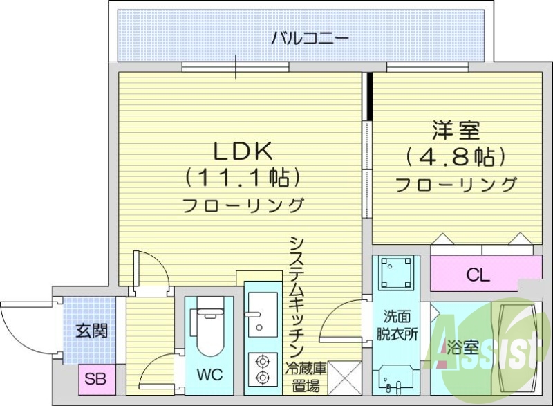 1LDK、都市ガス、エアコン、システムキッチン