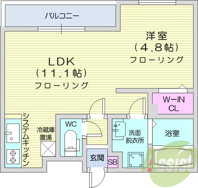 1LDK、都市ガス、エアコン、システムキッチン