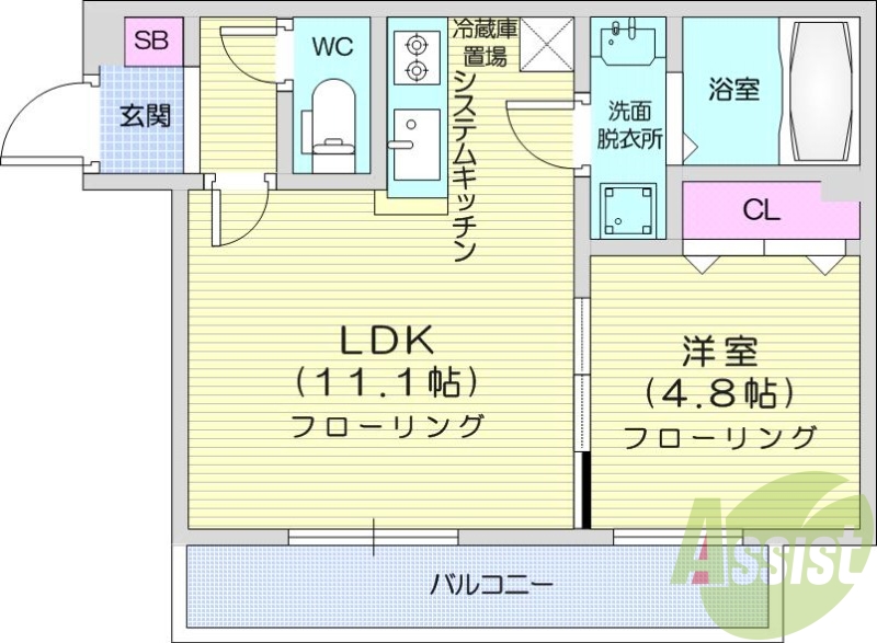 1LDK、都市ガス、エアコン、システムキッチン