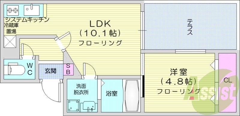 1LDK、都市ガス、エアコン、システムキッチン