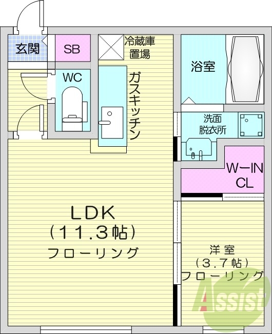1LDK、エアコン、バストイレ別、灯油暖房