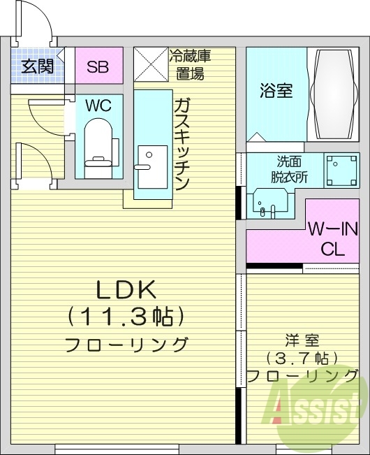 1LDK、エアコン、バストイレ別、灯油暖房