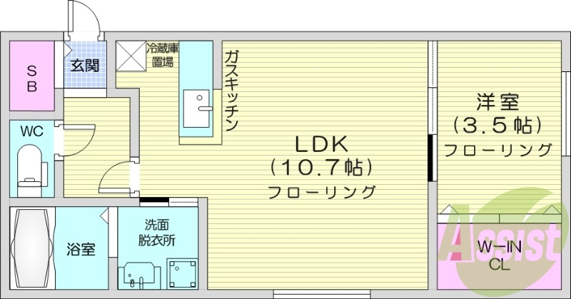 1LDK、エアコン、バストイレ別、灯油暖房