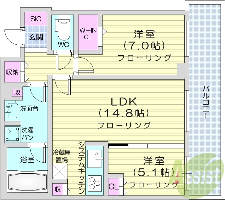 2LDK、システムキッチン、シャワートイレ、追い焚き