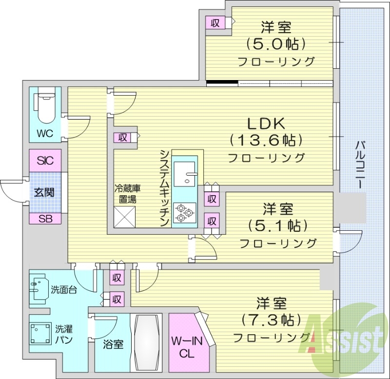 3LDK、システムキッチン、シャワートイレ、追い焚き