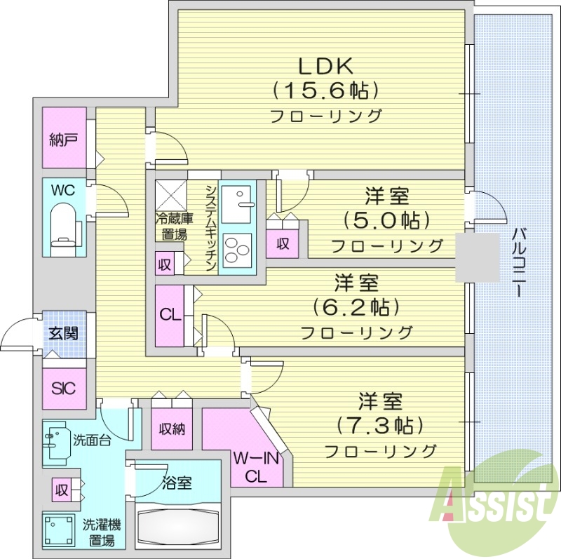 3LDK、システムキッチン、シャワートイレ、追い焚き