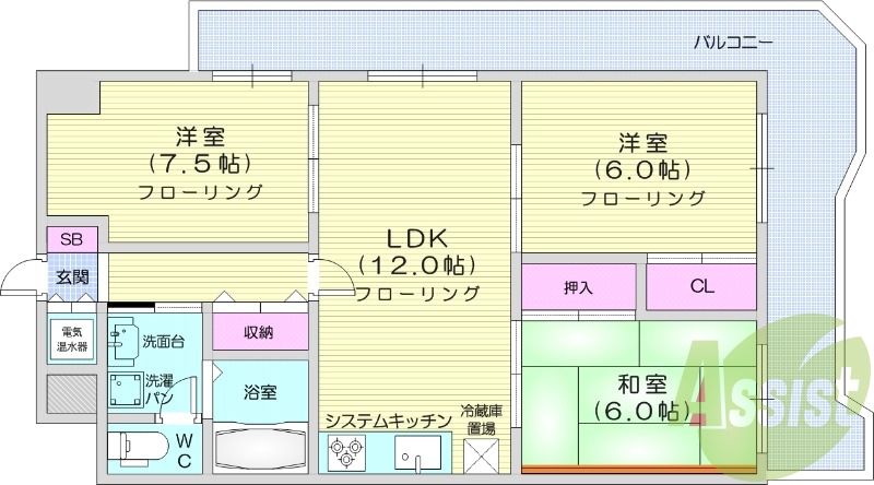 3LDK、都市ガス分譲マンション、システムキッチン