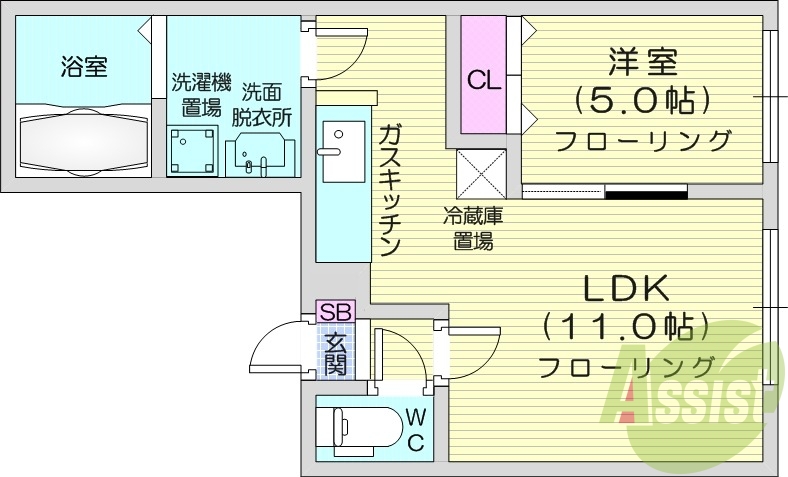 1LDK、シャワートイレ、エアコン、灯油暖房、クローゼット