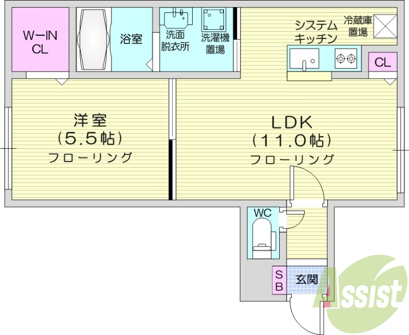 1LDK、エアコン、独立洗面台、システムキッチン、