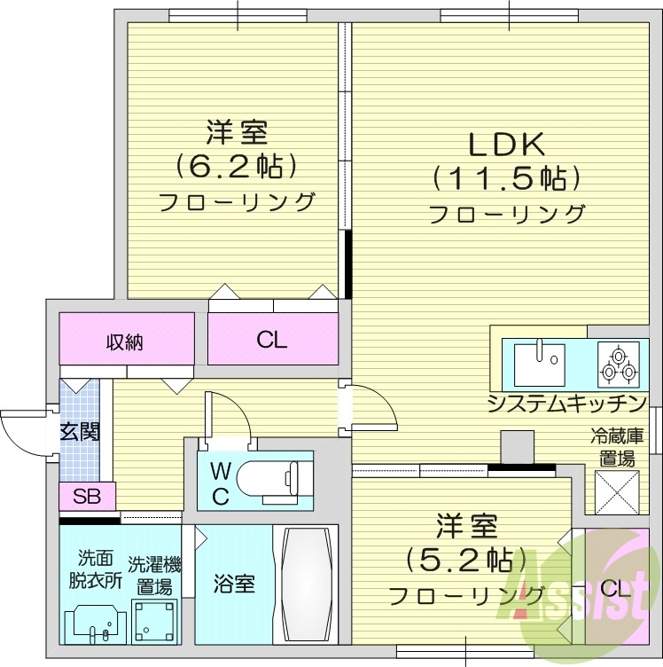 2LDK、エアコン、システムキッチン、顔認証オートロック