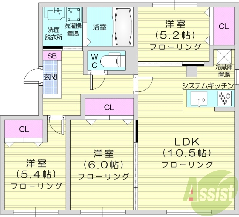 3LDK、エアコン、システムキッチン、顔認証オートロック