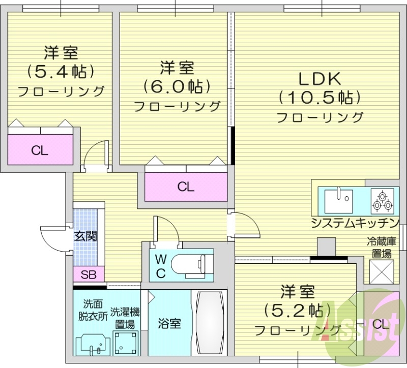 3LDK、エアコン、システムキッチン、顔認証オートロック