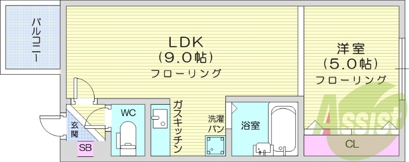 1LDK、ガス暖房、バス・トイレ別、バルコニー