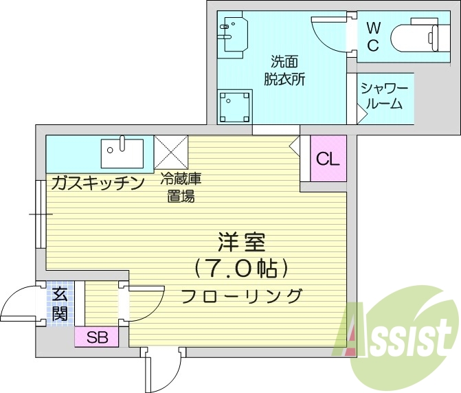 1R、バストイレ別、灯油暖房、室内洗濯機置場