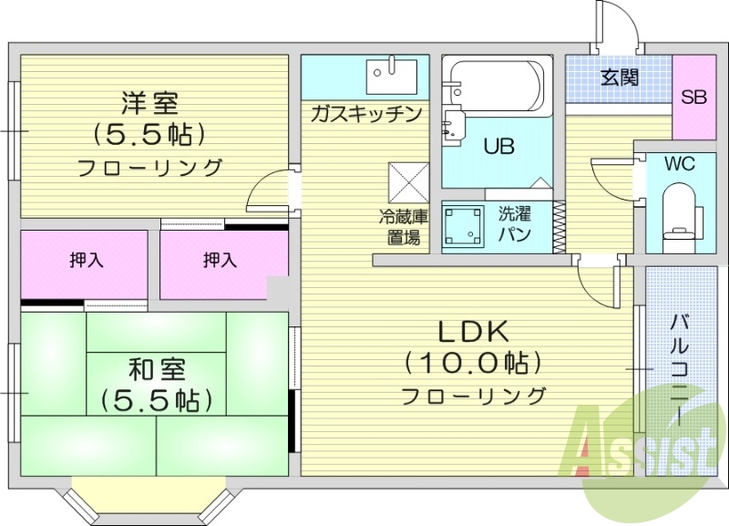 2LDK、バス・トイレ別、シャワートイレ