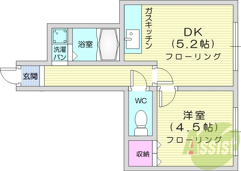 1LDK、灯油暖房、バストイレ別、モニター付きインターホン