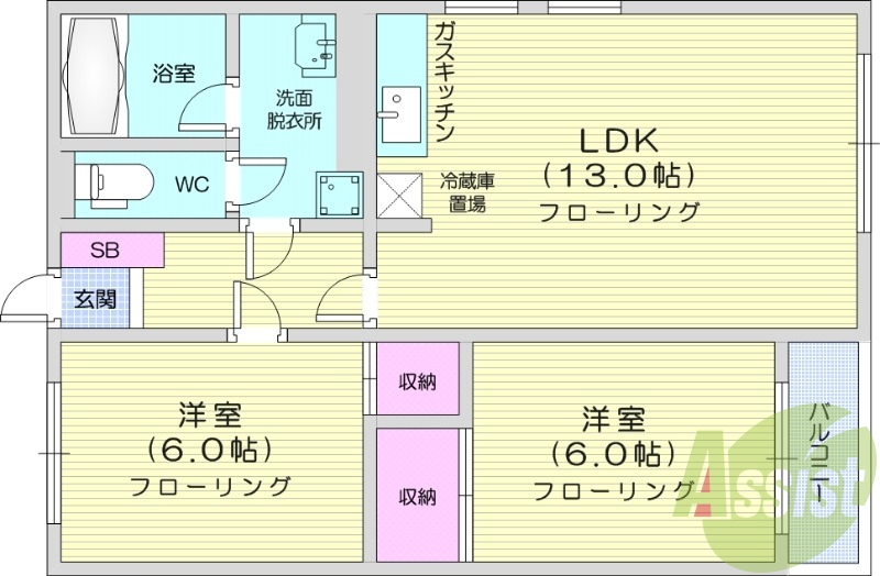 2LDK、洗髪洗面化粧台、ガスキッチン、シャワートイレ