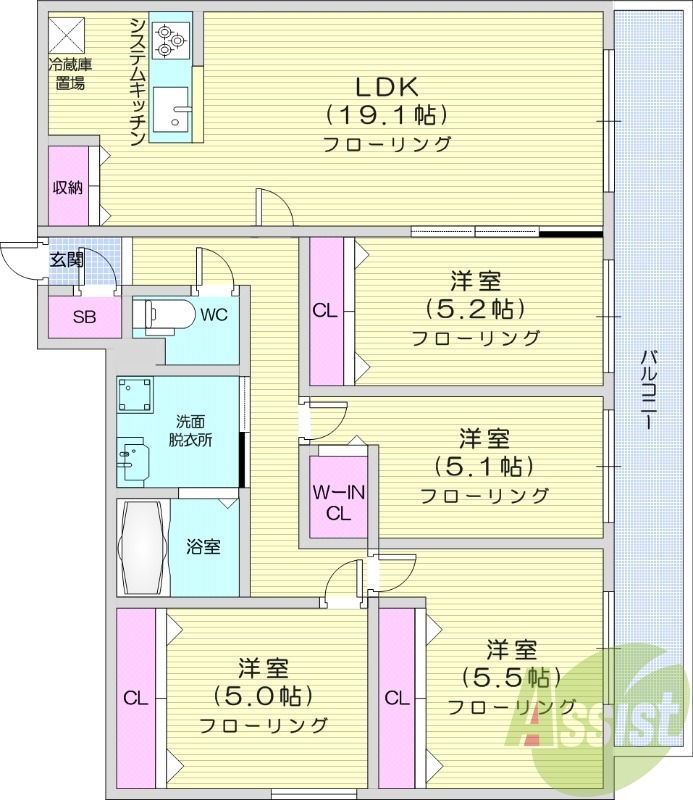 4LDK、都市ガス、浴室乾燥機、エアコン、システムキッチン