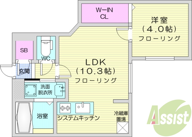 1LDK、都市ガス、浴室乾燥機、エアコン、システムキッチン