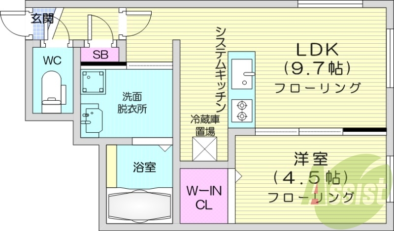 1LDK、都市ガス、浴室乾燥機、エアコン、システムキッチン