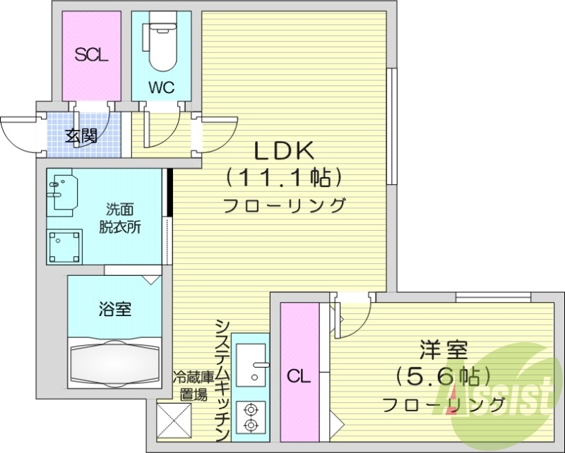 1LDK、都市ガス、浴室乾燥機、エアコン、システムキッチン