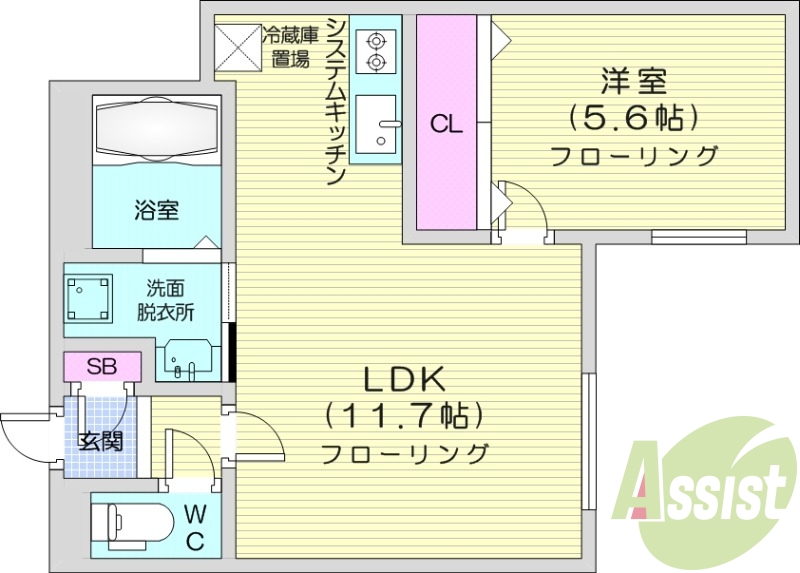 1LDK、都市ガス、浴室乾燥機、エアコン、システムキッチン