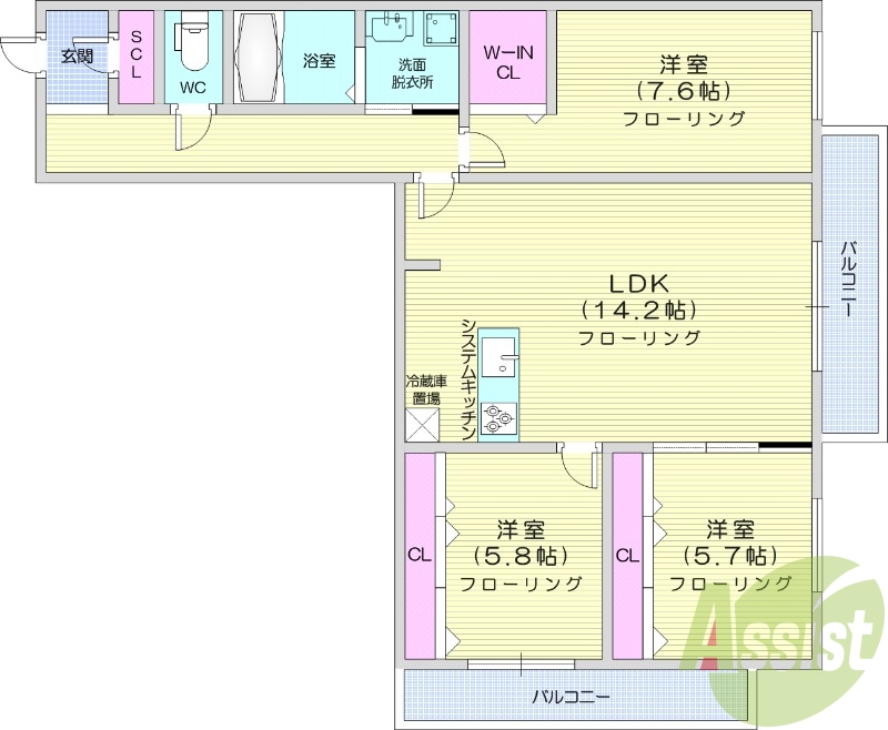 3LDK、都市ガス、浴室乾燥機、エアコン、システムキッチン