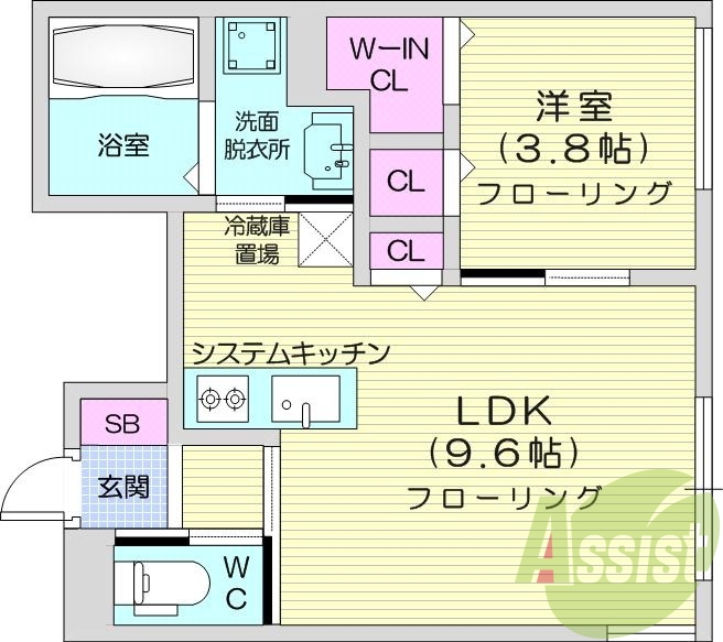 1LDK、都市ガス、エアコン、システムキッチン