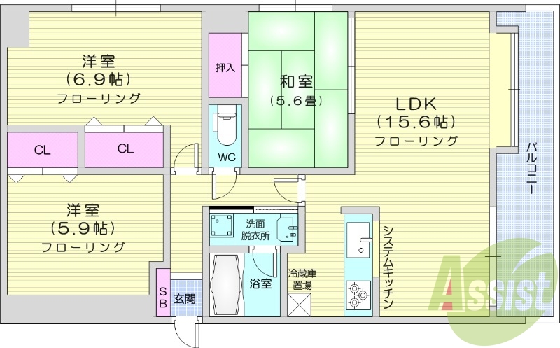 3LDK、トランクルーム、システムキッチン、独立洗面台