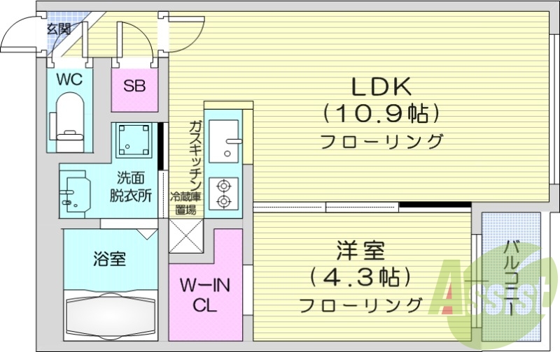 1LDK、エアコン、浴室乾燥機、システムキッチン