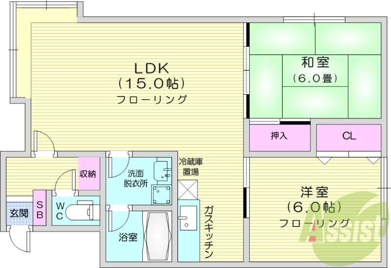 2LDK、灯油暖房、独立洗面台、バストイレ別