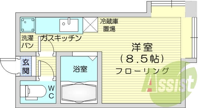 1ルーム、灯油暖房、バス・トイレ別、洗濯機置場