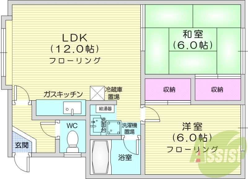 2LDK、トランクルーム、独立洗面台、バストイレ別