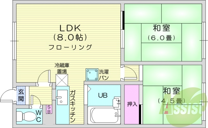 2LDK、灯油暖房、バストイレ別、室内洗濯機置場