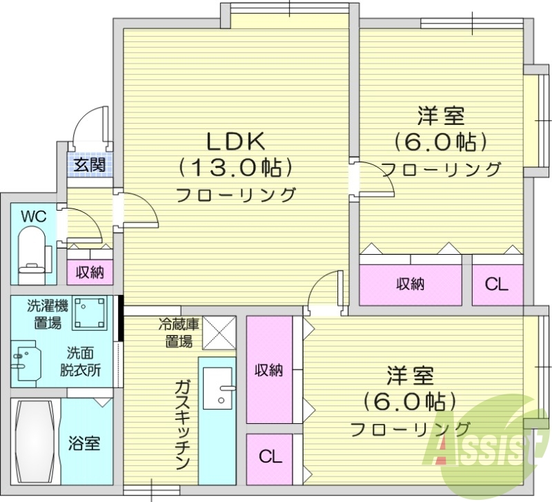 2LDK、角部屋、エアコン、灯油暖房、TVインターホン
