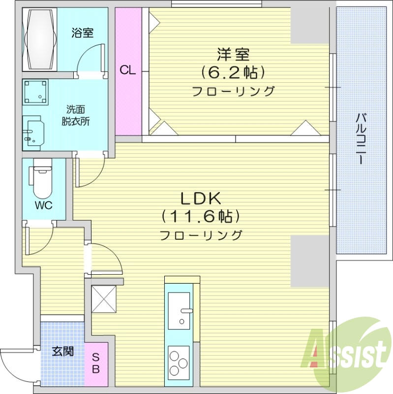 1LDK、カウンターキッチン、バルコニー、洗面台独立
