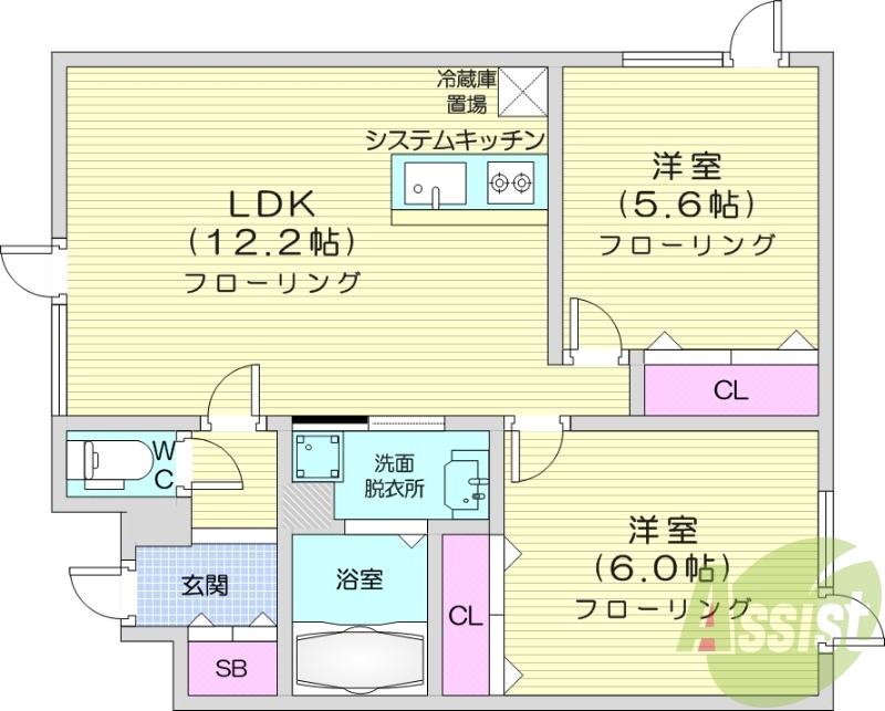 2LDK、エアコン、システムキッチン、浴室乾燥機