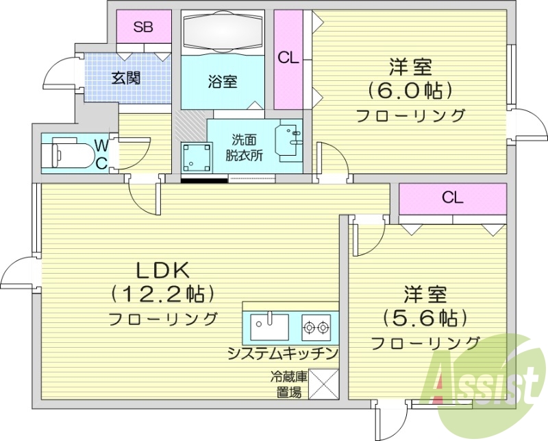 2LDK、エアコン、システムキッチン、浴室乾燥機