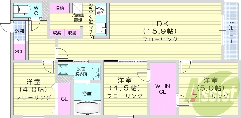 3LDK、都市ガス、エアコン、追い焚き、ネット無料