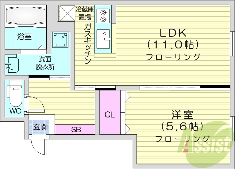 1LDK、都市ガス、エアコン、ネット無料、独立洗面台