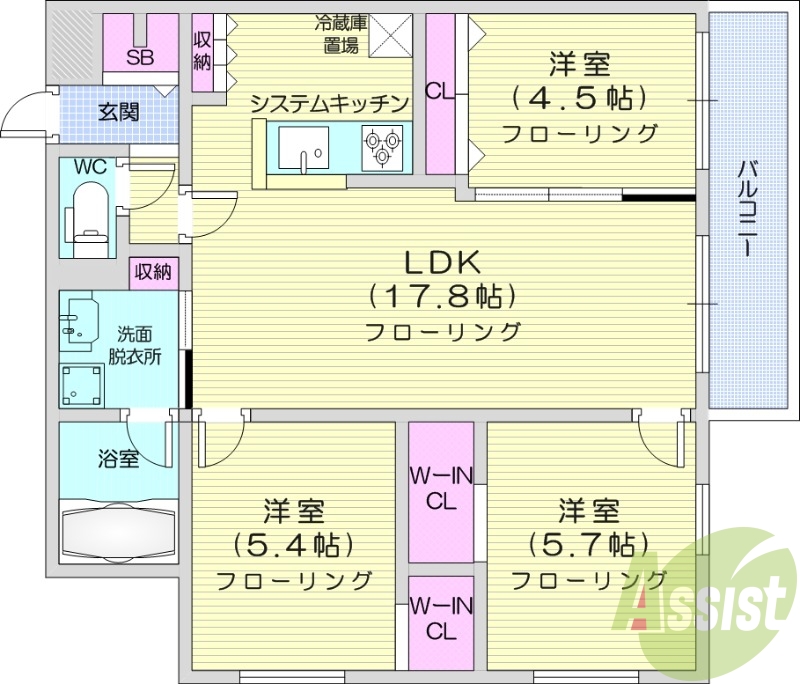 3LDK、都市ガス、エアコン、システムキッチン、追い焚き