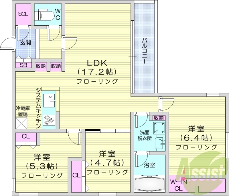 3LDK、都市ガス、エアコン、システムキッチン、追い焚き