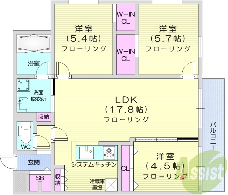 3LDK、都市ガス、エアコン、システムキッチン、追い焚き