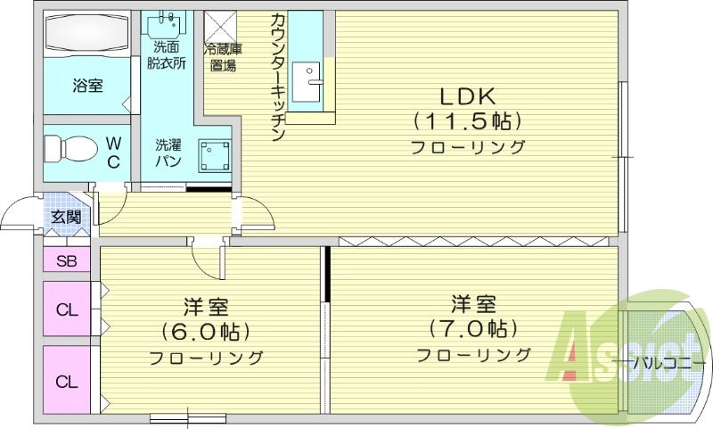 2LDK、バストイレ別、独立洗面台、暖房灯油FF