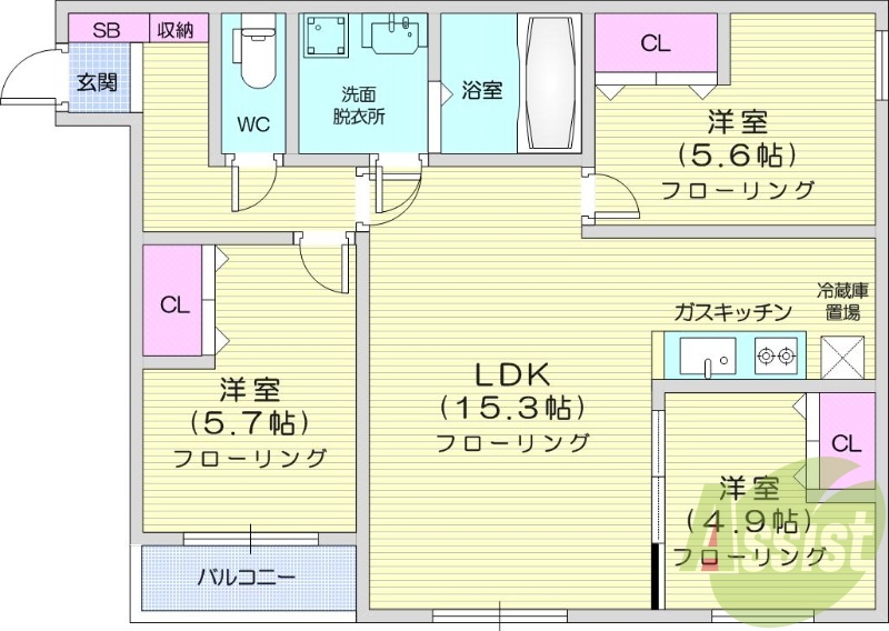 3LDK、エアコン、システムキッチン、浴室乾燥機