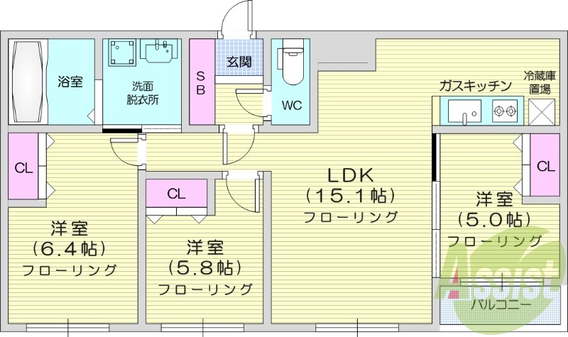 3LDK、エアコン、システムキッチン、浴室乾燥機