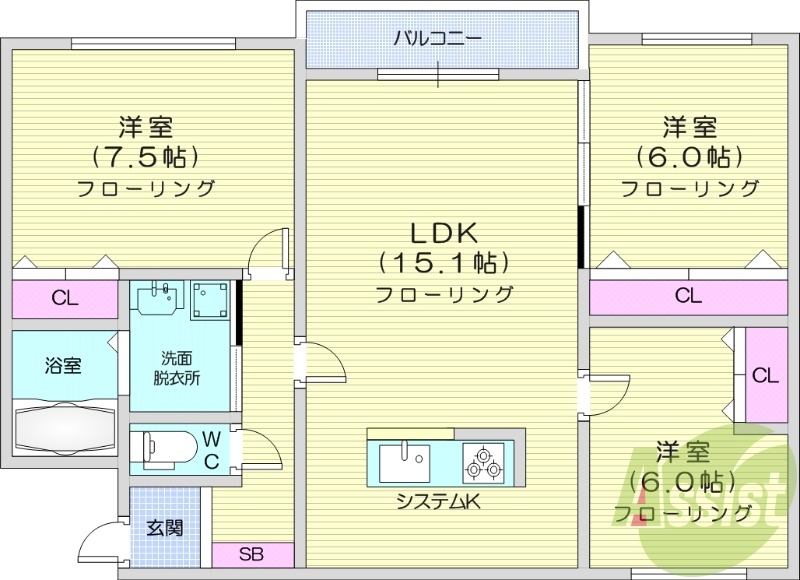 3LDK、エアコン、システムキッチン、浴室乾燥機