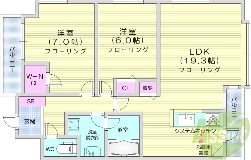 2LDK、都市ガス、システムキッチン、浴室乾燥機