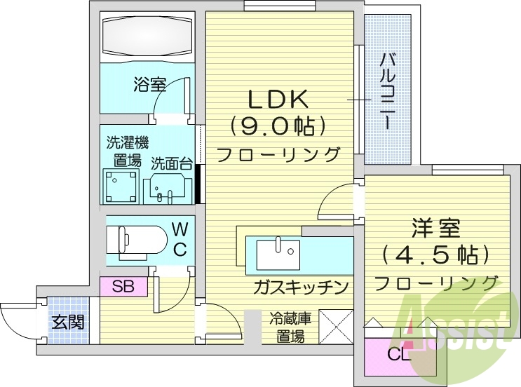 1LDK、対面キッチン、シャワートイレ、ネット使用料不要