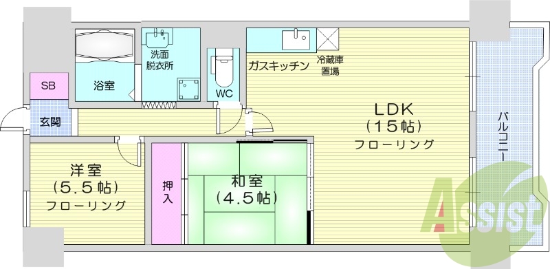 2LDK、都市ガス分譲マンション、システムキッチン